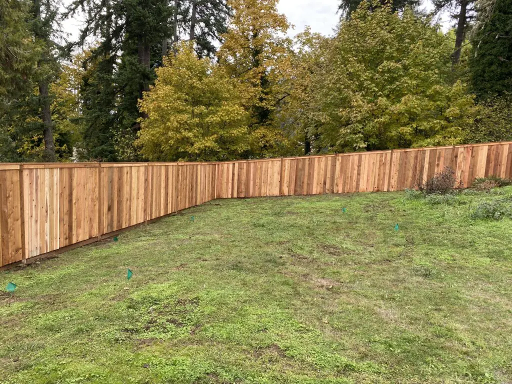 Newly installed cedar fence surrounding a green backyard lawn with tall trees in the background, showcasing Timberhill Fence & Deck's quality fence installation services.