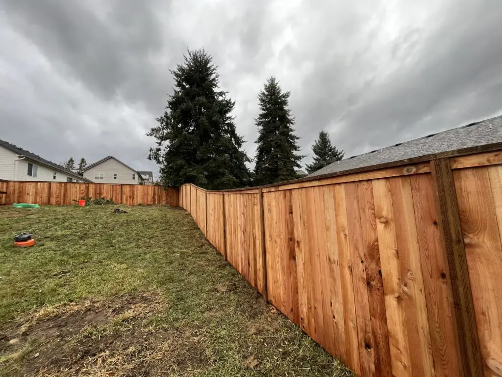 Newly installed wooden privacy fence enclosing a suburban backyard with green grass and tall evergreen trees under a cloudy sky, showcasing Timberhill Fence & Deck craftsmanship.