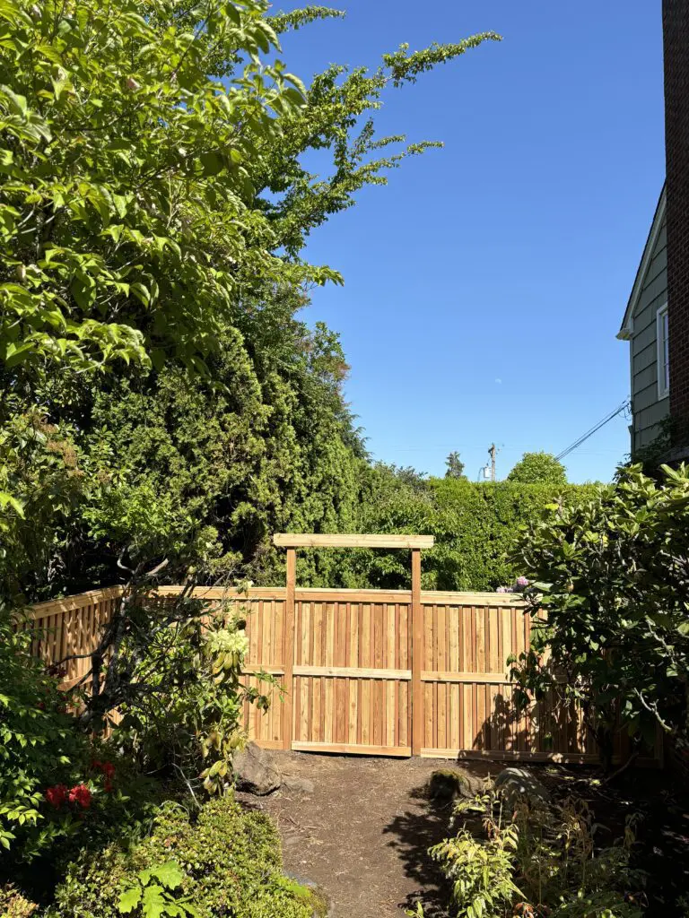 new wooden privacy fence gate installed in backyard garden surrounded by green trees and shrubs under clear blue sky
